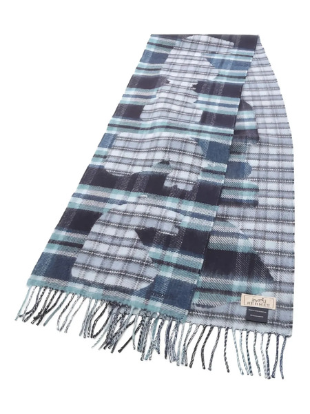  Hermès Pre-owned 2010s Check Fringed Scarf - Blue 
