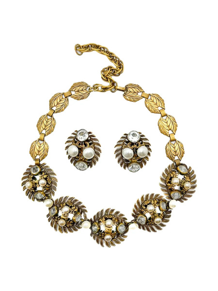  Jennifer Gibson Jewellery 1940s Joseff Of Hollywood Pearl & Paste Demi Parure Necklace And Earrings - Gold 