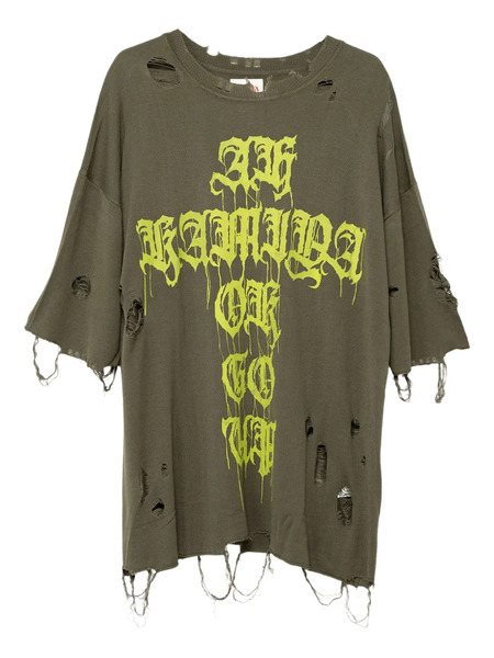  Kamiya Cross-print Distressed T-shirt - Green 