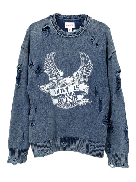  Kamiya Eagle-print Distressed-knit Sweater - Blue 