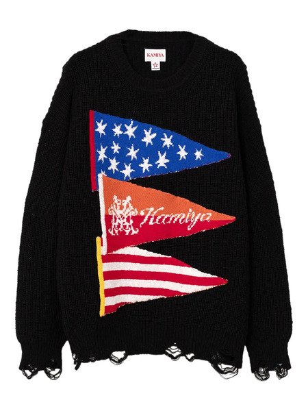  Kamiya Flag Frayed Sweater - Black 