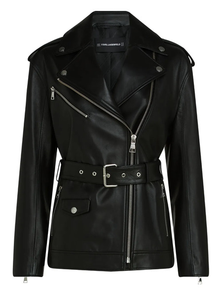  Karl Lagerfeld Belted Leather Biker Jacket - Black 