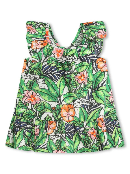  Kenzo Kids Floral-motif Ruffled Flared Dress - Green 
