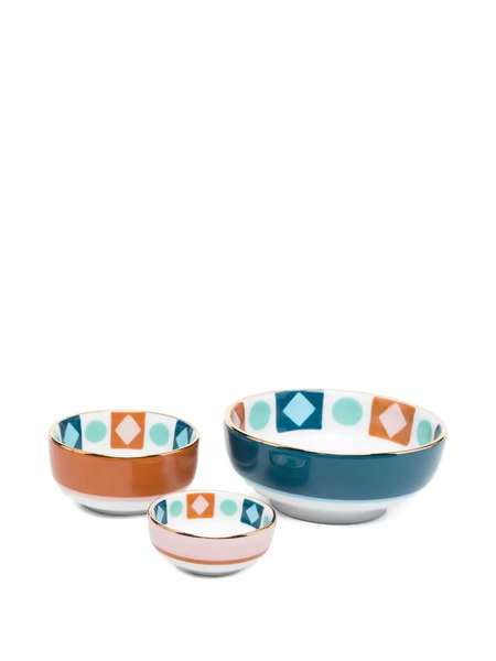  La Doublej Geometric-pattern Porcelain Bowl (set Of Three) - Brown 