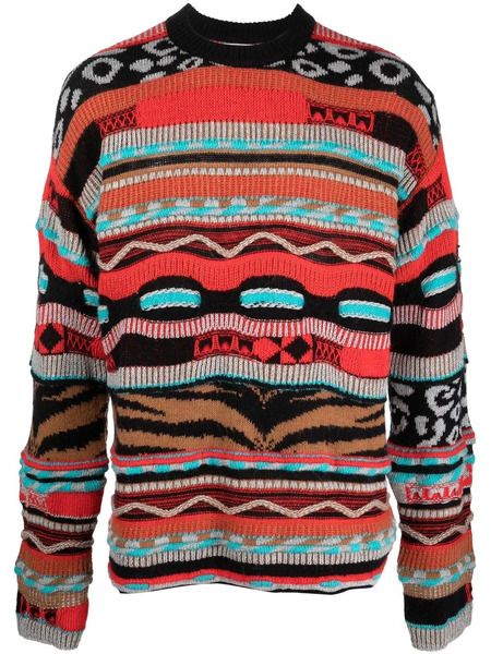  Laneus Contrast Patterned Jacquard Jumper - Red 