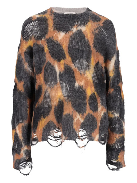  Laneus Frayed Leopard-print Sweater - Black 