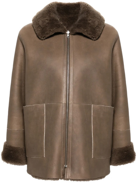  Liska Spread-collar Leather Coat - Brown 