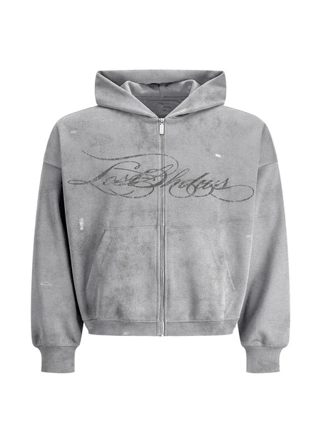  Lostshdws Distressed Script Hoodie - Grey 