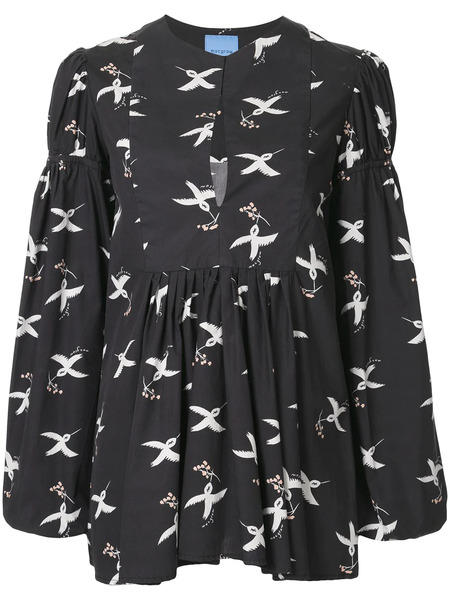  Macgraw Bird Print Puff Sleeve Blouse - Black 