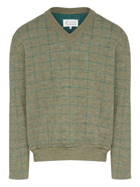  Maison Margiela V-neck Grid-pattern Wool Sweater - Green 