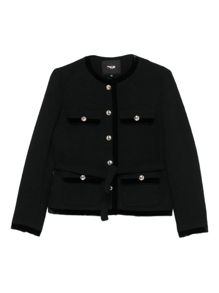  Maje Velvet-trim Belted Jacket - Black 