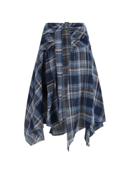  Marbell Asymmetric-hem Plaid Skirt - Blue 