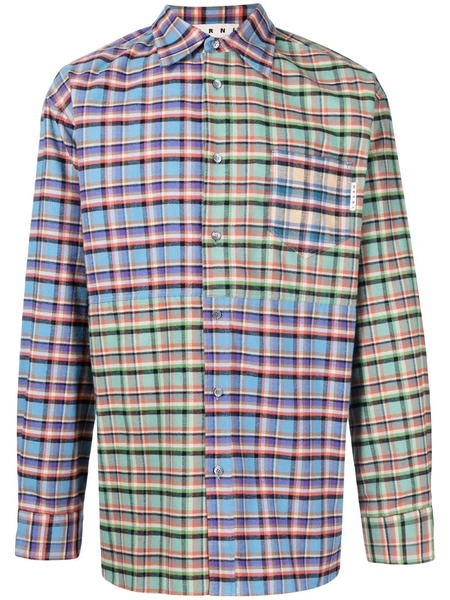  Marni Patchwork Check-print Oversized Shirt - Blue 