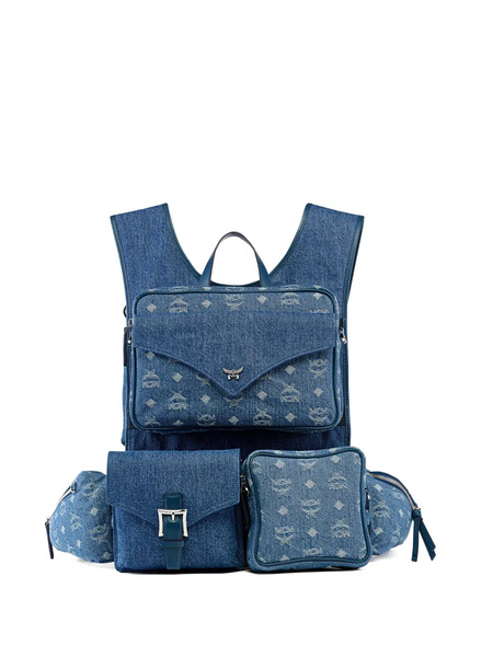  Mcm Large Aren Monogram-jacquard Denim Multi-backpack - Blue 