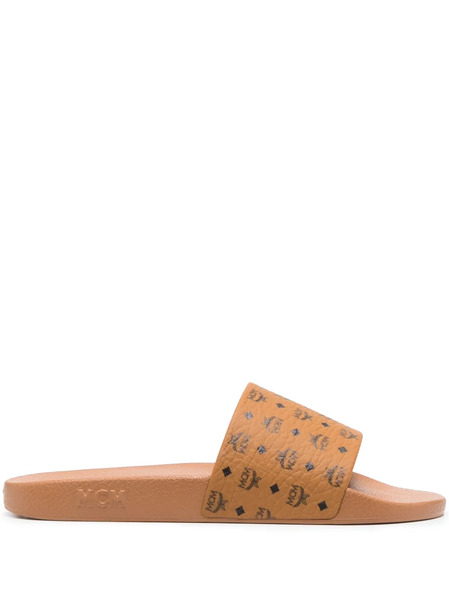  Mcm Logo-print Single-strap Slides - Brown 