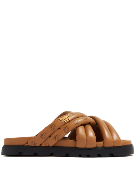  Mcm Visetos-print Crossover Leather Slides - Brown 