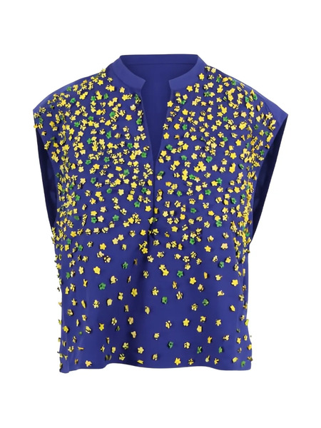  Mii Gaia Collared Appliquéd Top - Blue 