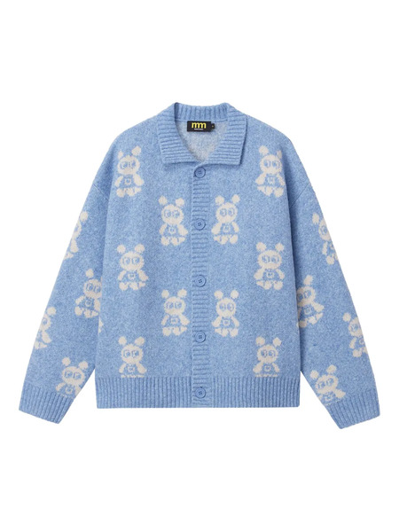  Mini Cream Buttoned Bear-pattern Cardigan - Blue 