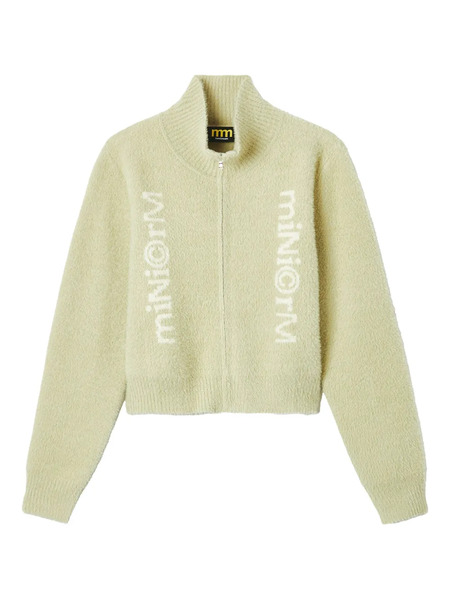  Mini Cream High-neck Zip-front Cardigan - Green 