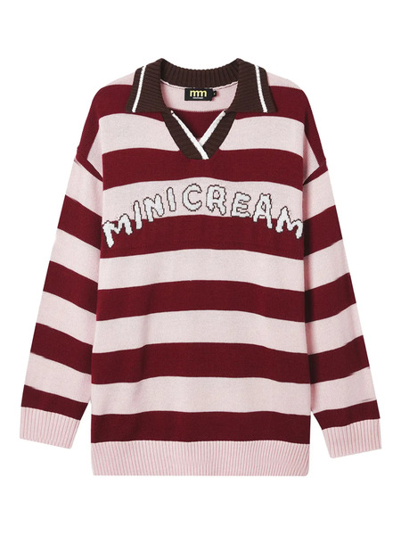  Mini Cream Striped Polo-neck Sweater - Pink 