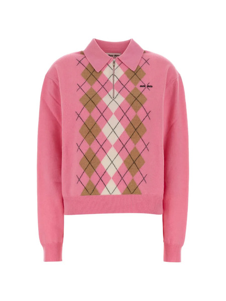  Miu Miu Argyle-pattern Half-zip Polo Sweater - Pink 