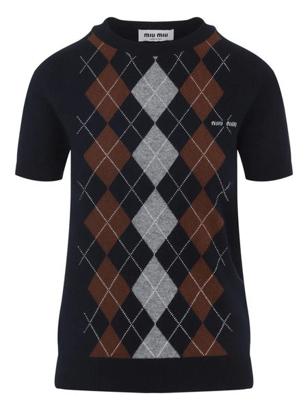  Miu Miu Argyle-pattern Short-sleeve Top - Blue 
