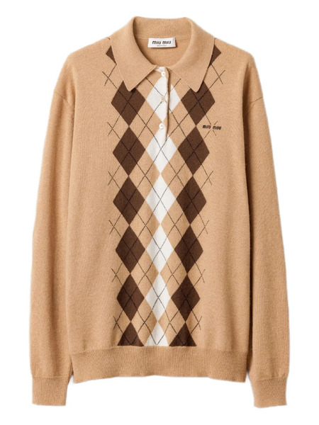  Miu Miu Argyle Three-button Polo Sweater - Brown 