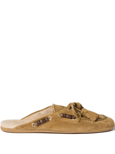  Miu Miu Beaded Tassel Flat Mules - Brown 