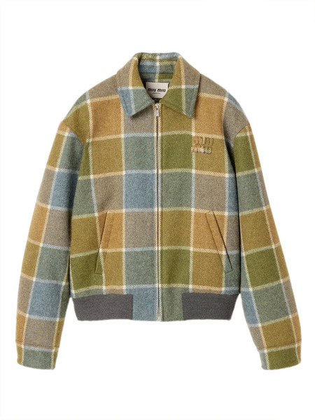 Miu Miu Checked Embroidered-logo Jacket - Brown 