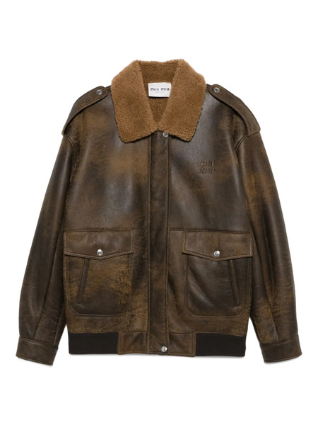  Miu Miu Leather Bomber Jacket - Brown 