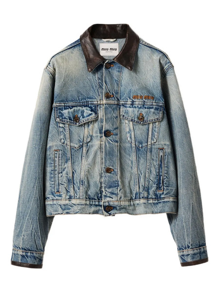  Miu Miu Leather-collar Denim Jacket - Blue 