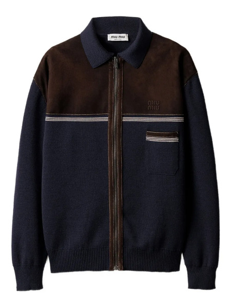  Miu Miu Leather-panel Wool Cardigan - Blue 