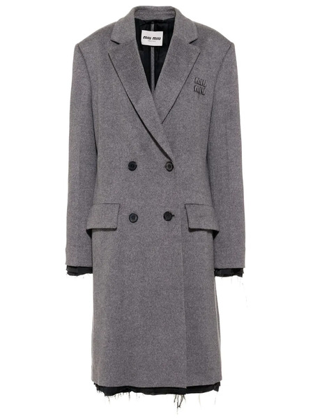  Miu Miu Logo-embroidered Double-breasted Coat - Grey 