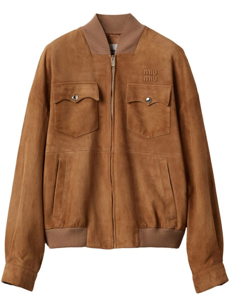  Miu Miu Logo-lettering Suede Jacket - Brown 