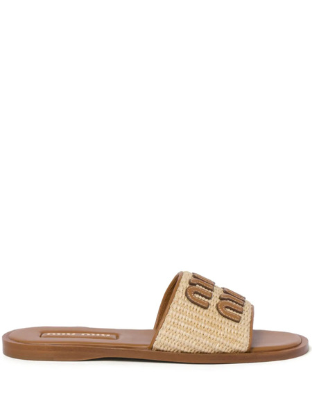  Miu Miu Logo-patch Raffia Slides - Neutrals 