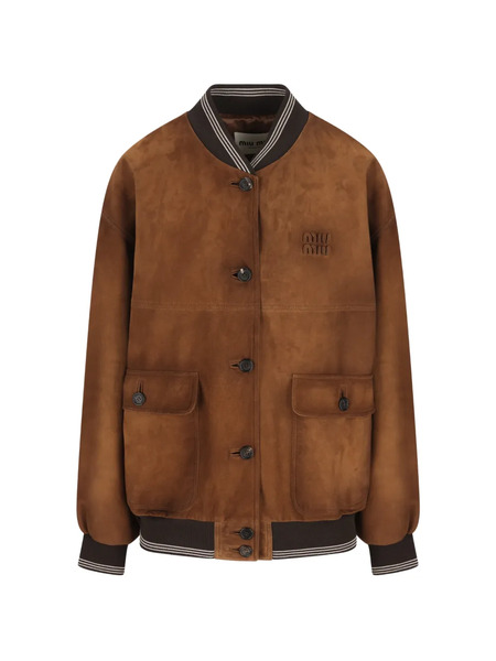  Miu Miu Logo-patch Suede Bomber Jacket - Brown 
