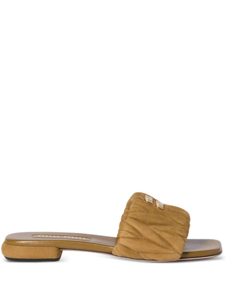  Miu Miu Matelassé Suede Slides - Green 