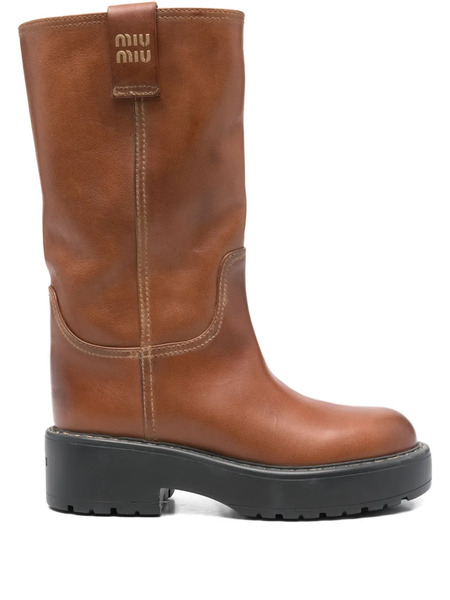 Miu Miu 50mm Logo Leather Boots - Brown 