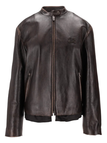  Miu Miu Nappa Leather Logo Jacket - Brown 