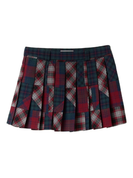  Miu Miu Pleated Plaid Patchwork Mini Skirt - Red 