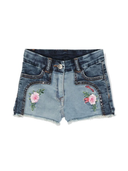  Monnalisa Floral-embroidered Denim Shorts - Blue 