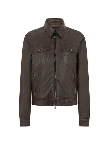  Moorer Shirt Collar Flap Pockets Leather Jacket - Brown 