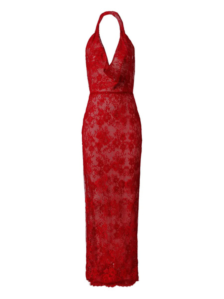  Moos Studio Crimson Heat Halter-neck Lace Maxi Dress - Red 