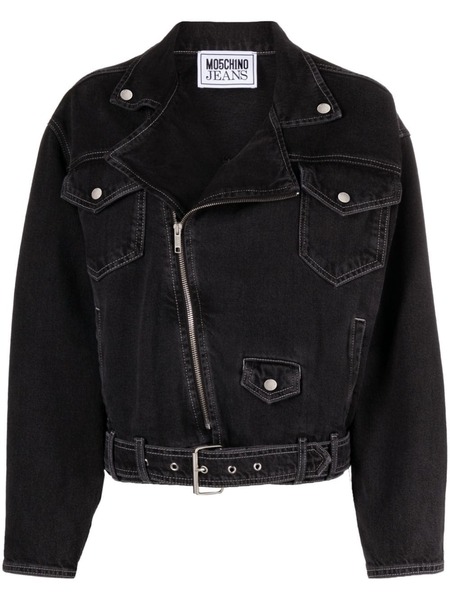  Moschino Jeans Belted Denim Biker Jacket - Black 
