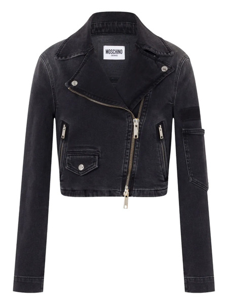  Moschino Jeans Denim Cropped Biker Jacket - Grey 