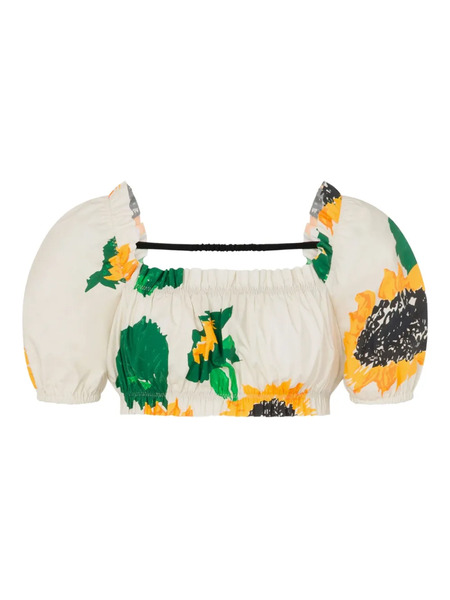  Moschino Jeans Puff-sleeve Floral-print Top - Neutrals 