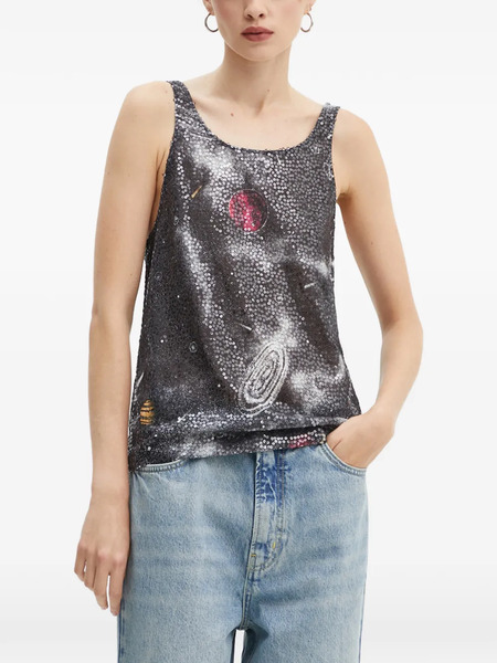  Moschino Jeans Sequin Graphic Print Top - Black 