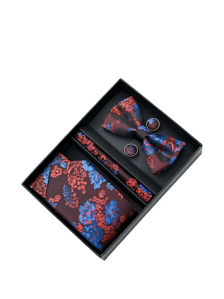  Moustache Floral-jacquard Accessory Set - Red 