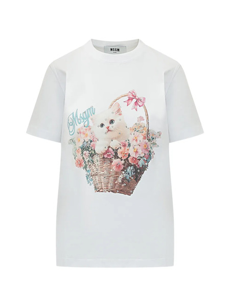 Msgm Floral Kitten Graphic T-shirt - White 