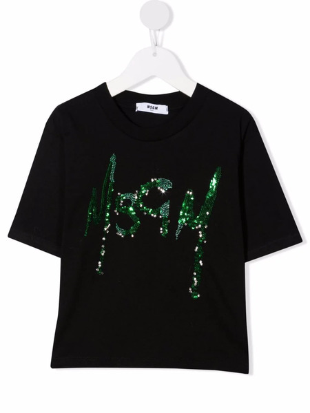 Msgm Kids Sequin-logo Cropped T-shirt - Black 